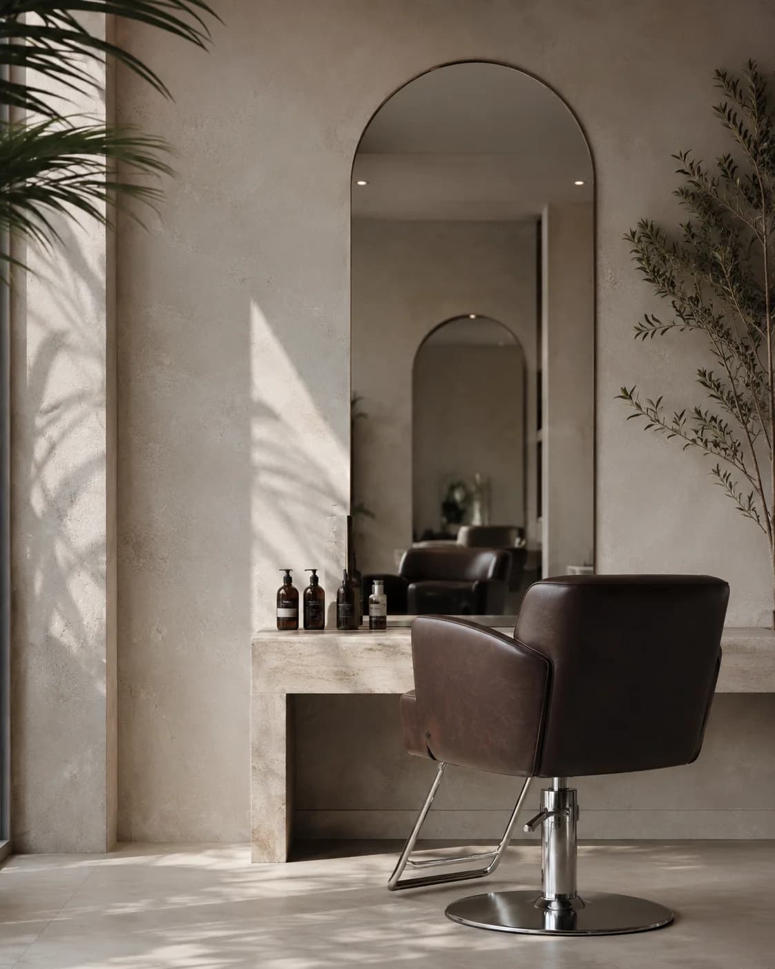 An empty styling chair beside a mirror in a sunlit salon